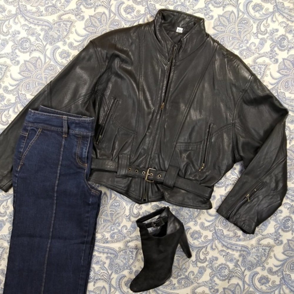 Classic Black Leather Belted Jacket - Women's